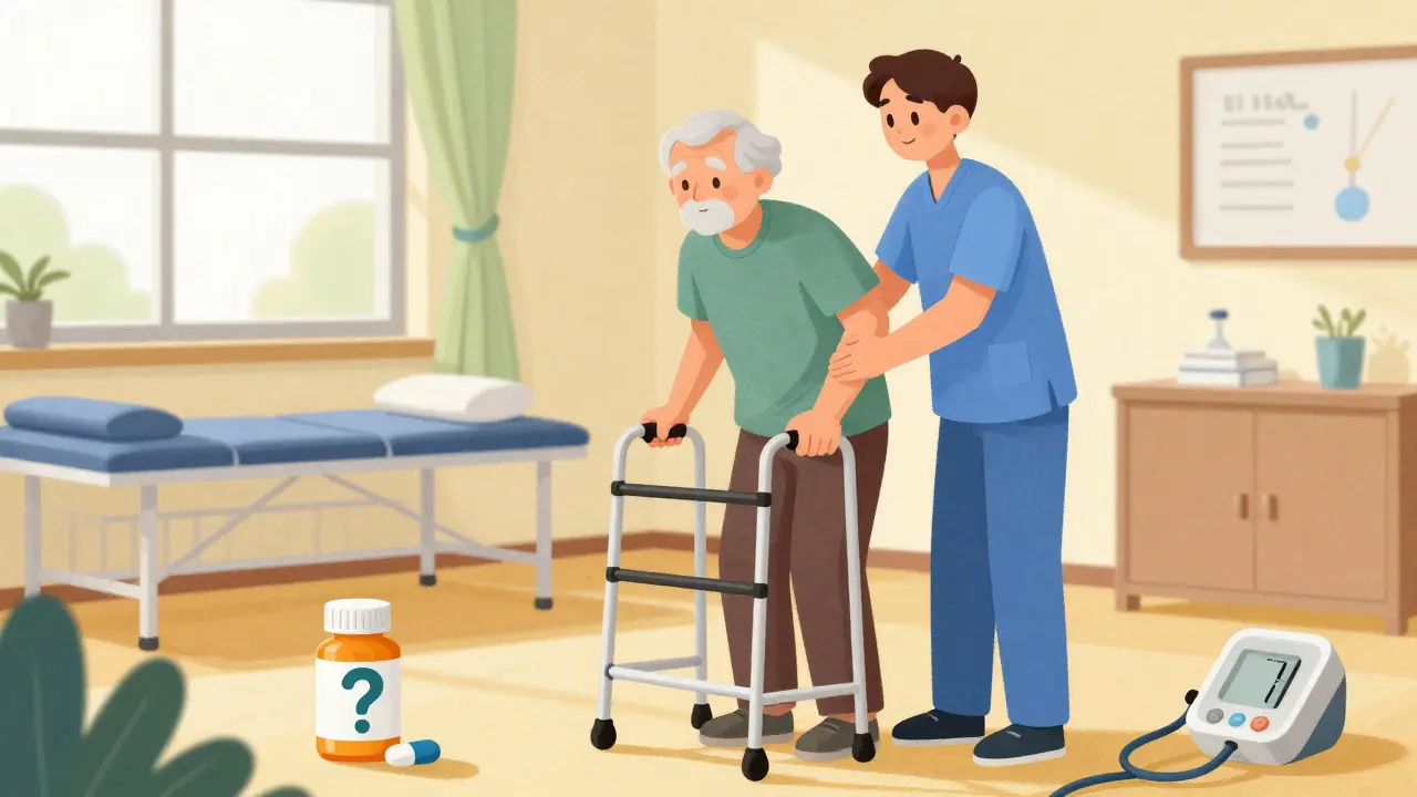 Physical therapist helping patient with walker in clinic