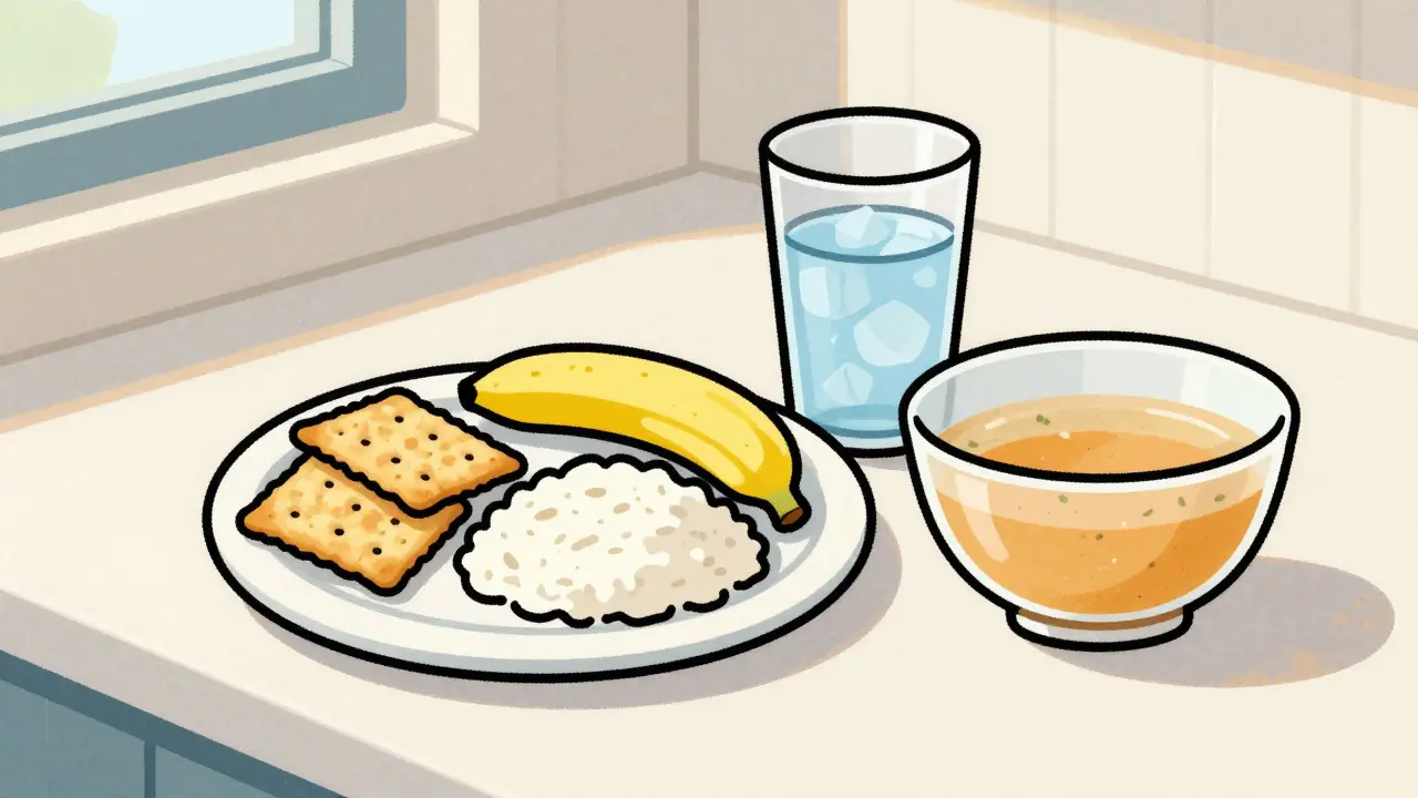 Plate of bland foods and water representing gentle dietary choices for nausea relief