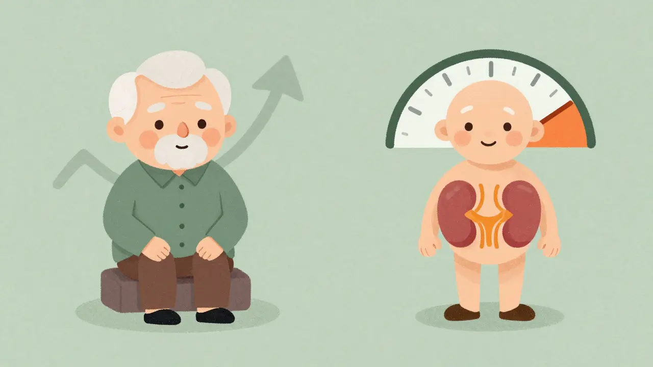 Split view of an elderly person and a person with kidney icon illustrating test variables