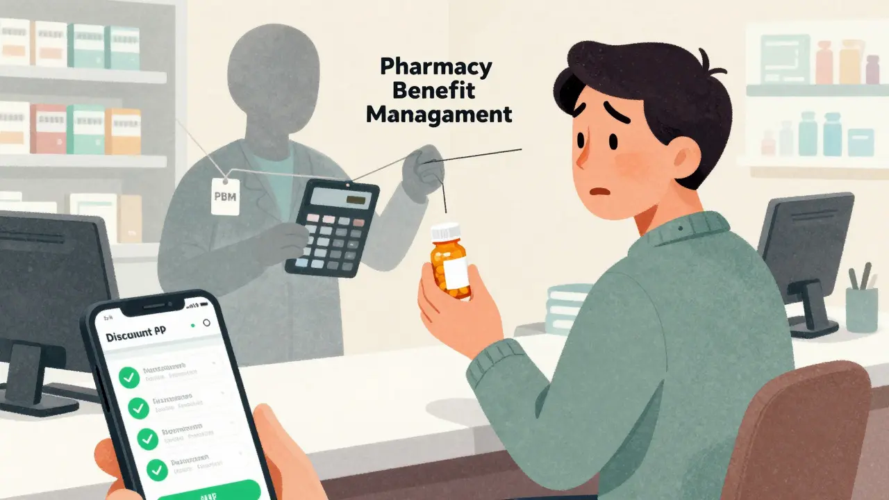 Textured illustration of a patient saving money while PBMs manipulate prices