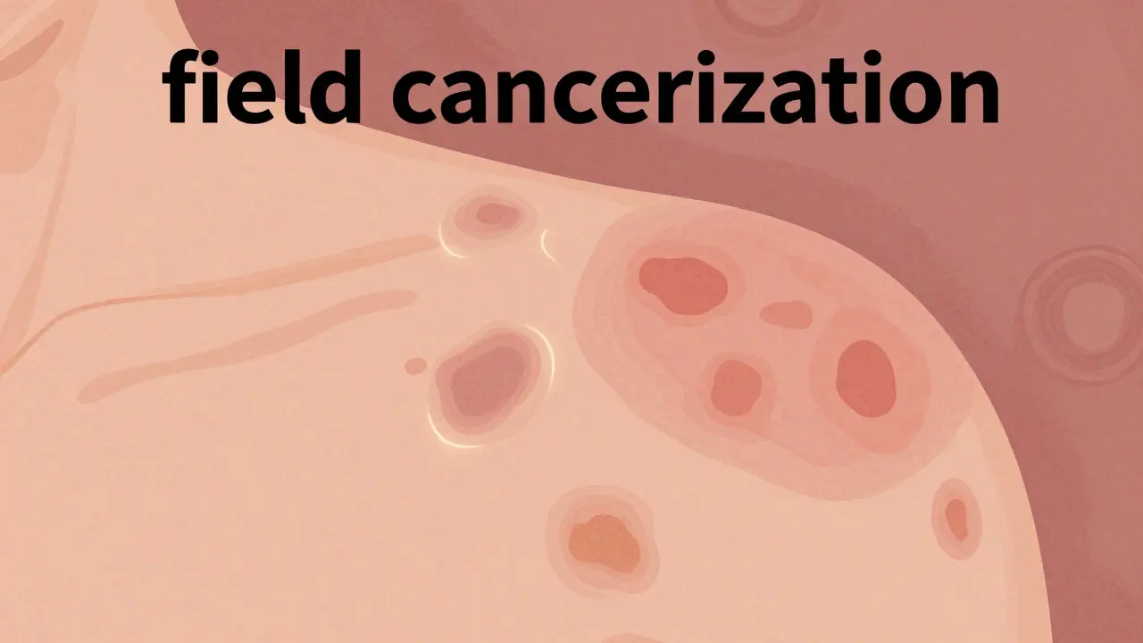 Textured illustration showing visible skin lesions surrounded by an area of hidden damage