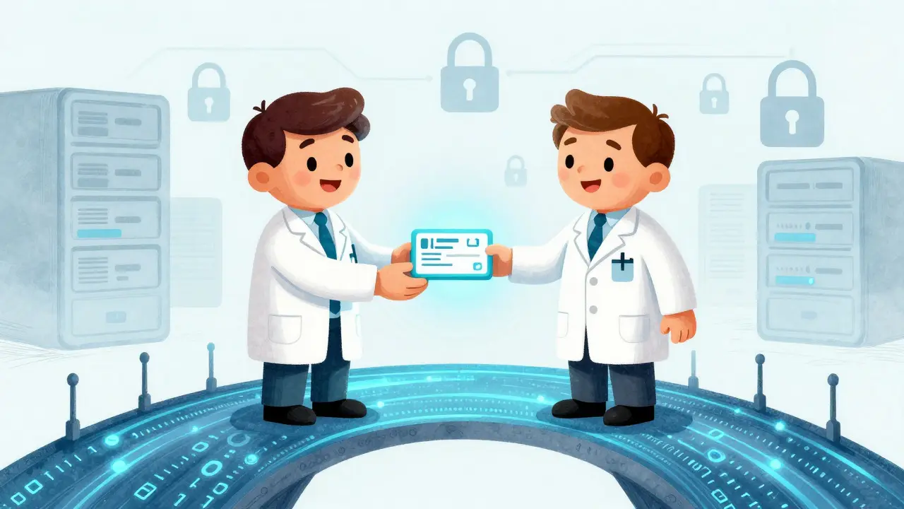 Two pharmacists exchanging digital prescriptions via secure data stream